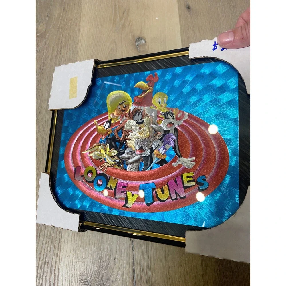 Vintage 90s Looney Tunes Framed Holographic Wall Art Warner Bros Characters